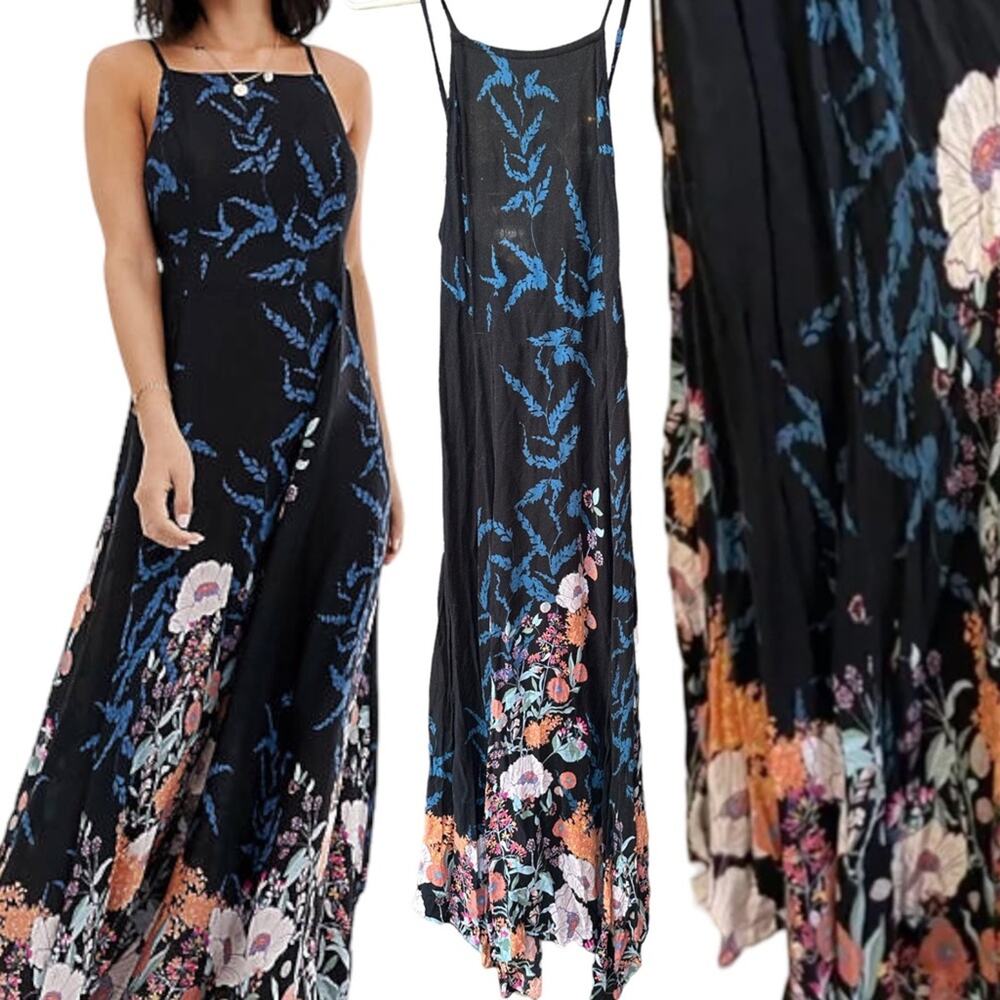 Free People Black, Navy Blue, Floral Maxi Dress - Low Back, High Neck - Sz XS